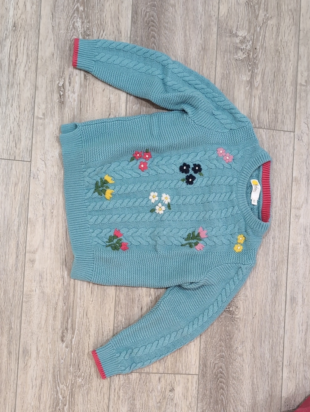 Mini Boden Teal Cable Knit Sweater with Multicolor Floral Embroidery